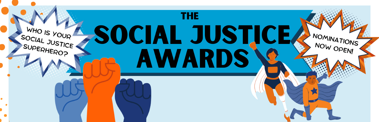 The Social Justice Awards header with orange and blue comic style illustrations of superheroes and fists