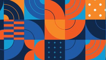 Decorative image of orange and blue quilt blocks in different patterns.